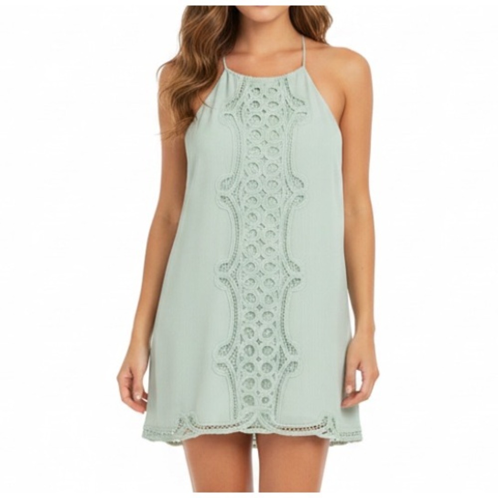 ENTRO Sage Green Battenberg Lace HALTAR NECK Button Back BOHO SHIFT DRESS M